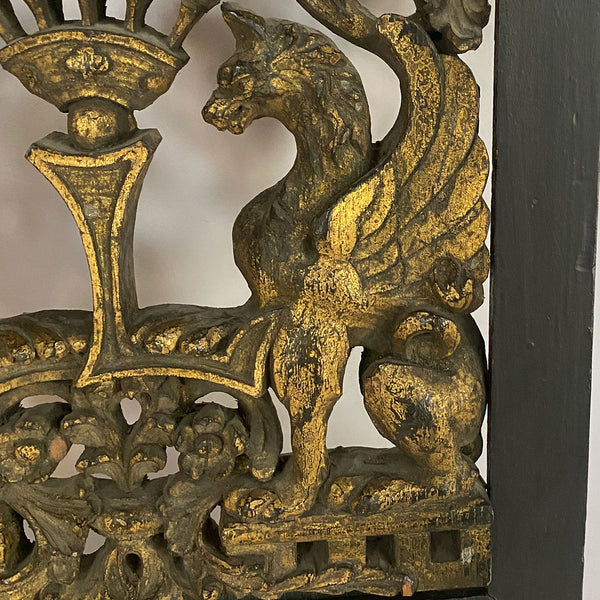 English Ebonized and Gilt Hand Carved Oak Armorial Panel