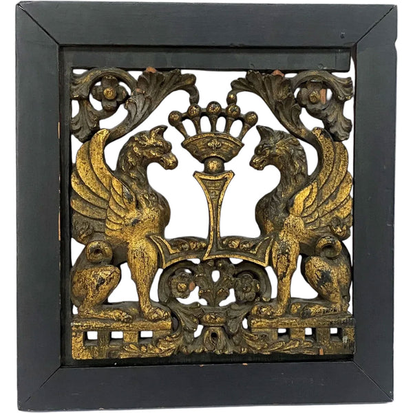 English Ebonized and Gilt Hand Carved Oak Armorial Panel