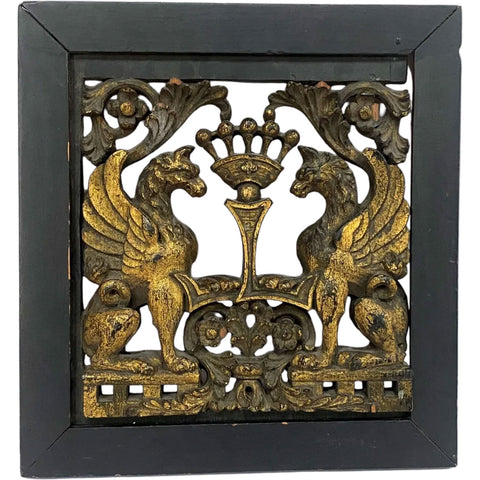 English Ebonized and Gilt Hand Carved Oak Armorial Panel