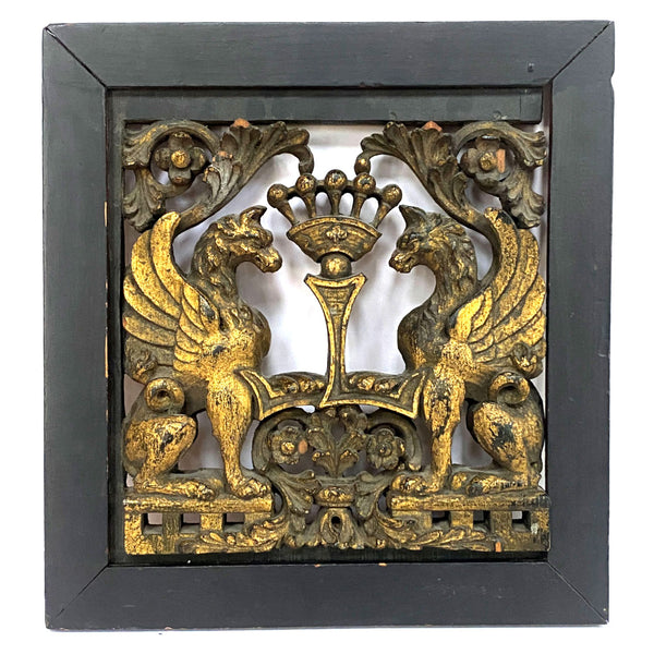 English Ebonized and Gilt Hand Carved Oak Armorial Panel
