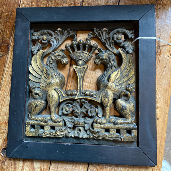 English Ebonized and Gilt Hand Carved Oak Armorial Panel