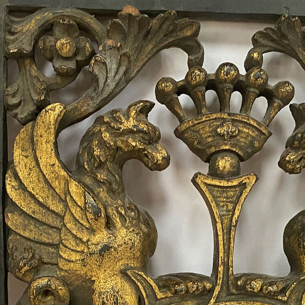 English Ebonized and Gilt Hand Carved Oak Armorial Panel