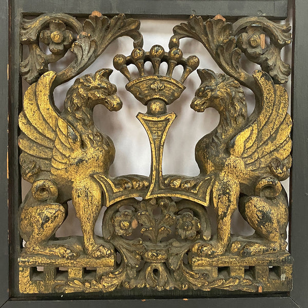 English Ebonized and Gilt Hand Carved Oak Armorial Panel