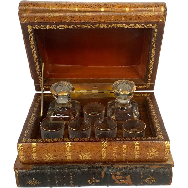 French Baccarat Glass Leather Book-Form Decanter Box (Tantalus)