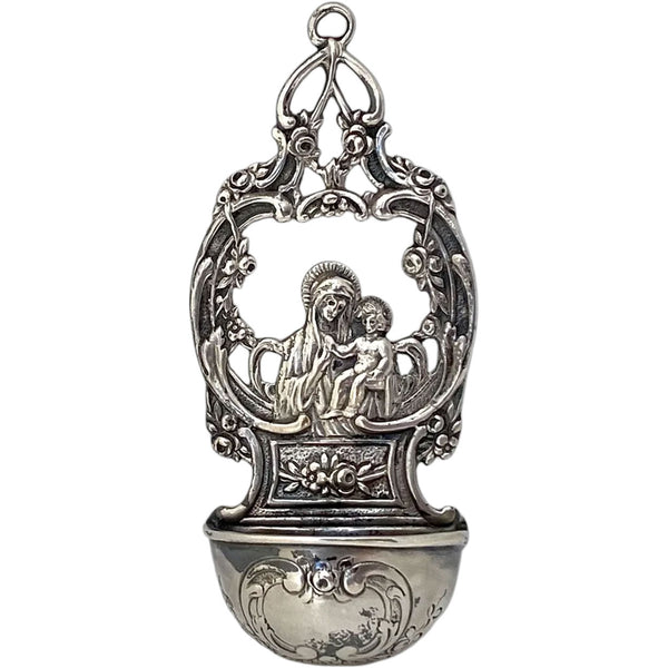Small German .800 Silver Ecclesiastical Madonna and Child Holy Water Wall Font (Stoup)