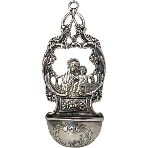 Small German .800 Silver Ecclesiastical Madonna and Child Holy Water Wall Font (Stoup)