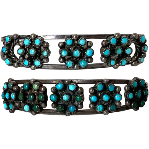 Two Similar Native American Zuni Silver and Turquoise Snake-Eye Cuff Bracelets