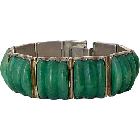 Vintage Mexican Silver and Green Jade Panel Link Bracelet