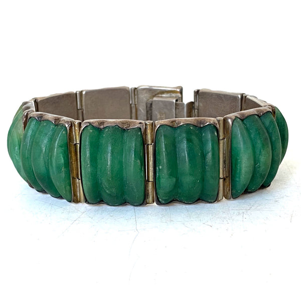 Vintage Mexican Silver and Green Jade Panel Link Bracelet