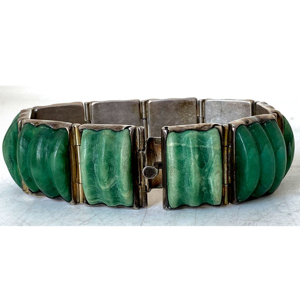 Vintage Mexican Silver and Green Jade Panel Link Bracelet