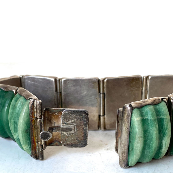 Vintage Mexican Silver and Green Jade Panel Link Bracelet