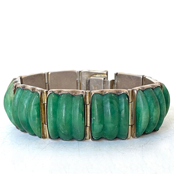 Vintage Mexican Silver and Green Jade Panel Link Bracelet