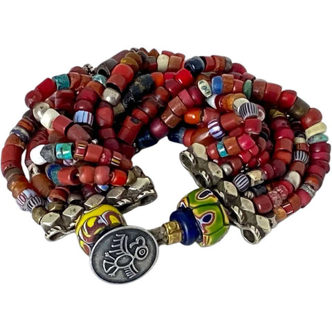 Vintage African Glass, Stone, Trade Bead Multi-Strand Bracelet