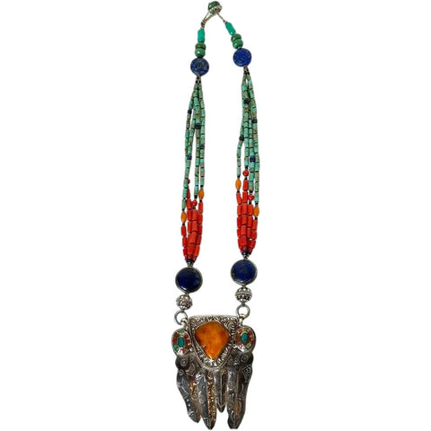 Tibetan Silver and Mixed-Stone Beaded Multi-Strand Pendant Necklace