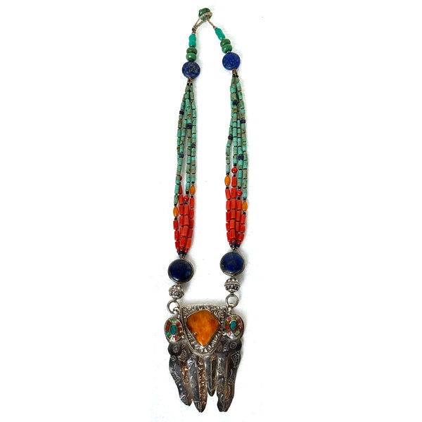 Nepalese Silver and Mixed-Stone Beaded Multi-Strand Pendant Necklace