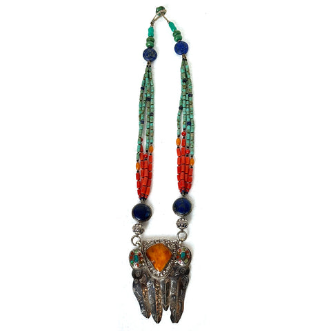 Nepalese Silver and Mixed-Stone Beaded Multi-Strand Pendant Necklace