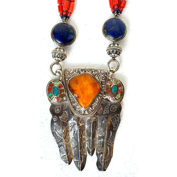 Nepalese Silver and Mixed-Stone Beaded Multi-Strand Pendant Necklace