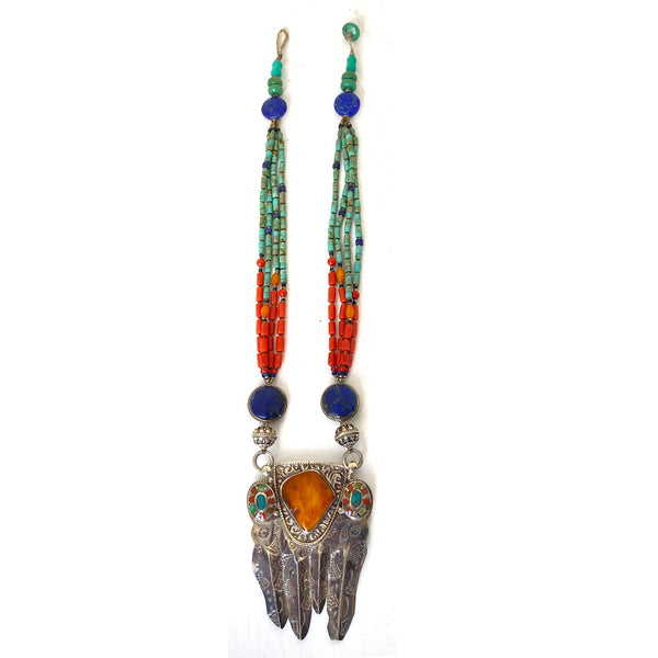 Nepalese Silver and Mixed-Stone Beaded Multi-Strand Pendant Necklace