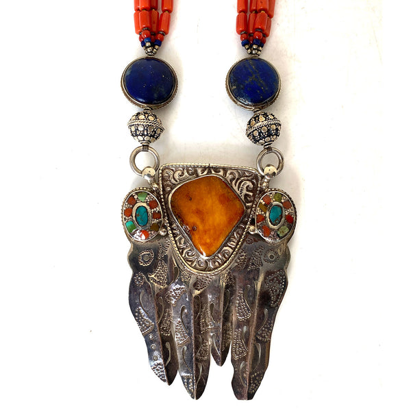 Nepalese Silver and Mixed-Stone Beaded Multi-Strand Pendant Necklace