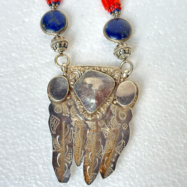 Nepalese Silver and Mixed-Stone Beaded Multi-Strand Pendant Necklace