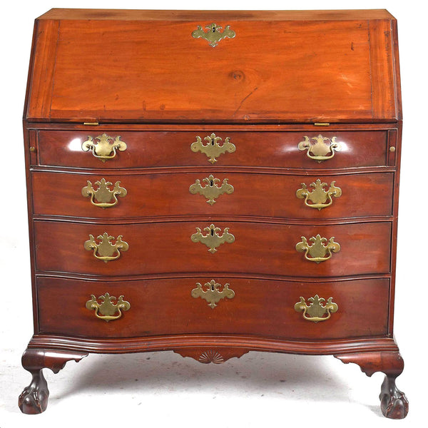 American Boston Chippendale Figured Mahogany Oxbow Fall Front Desk