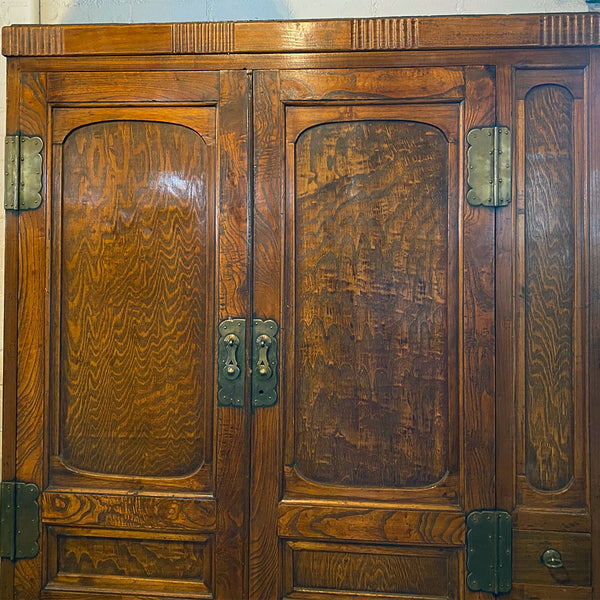 Vintage Korean Figured Kiri Wood and Elm Two-Part Wardrobe Cabinet