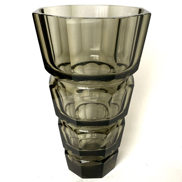 Large Josef Hoffmann for Moser Art Deco Faceted Smokey Topaz Glass Vase