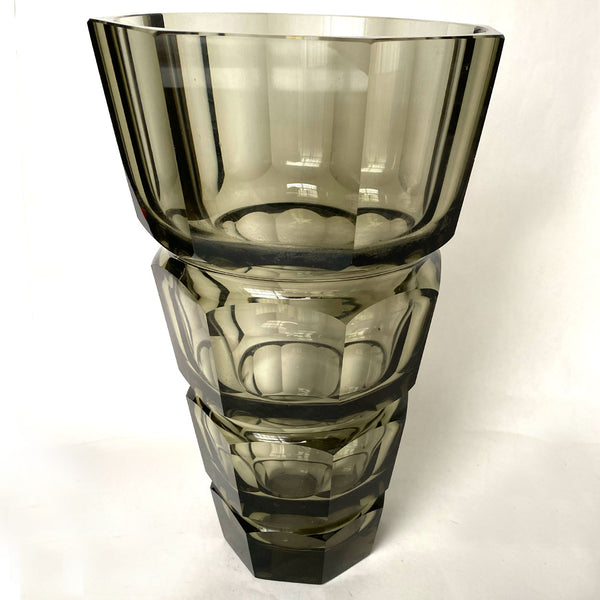 Large Josef Hoffmann for Moser Art Deco Faceted Smokey Topaz Glass Vase