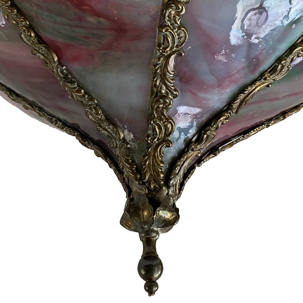 Small American Moorish Brass Mounted Bent Marbleized Glass Pendant Light