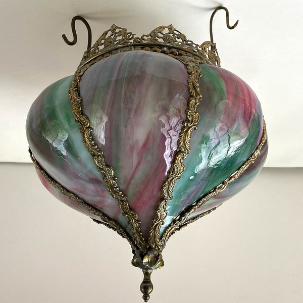 Small American Moorish Brass Mounted Bent Marbleized Glass Pendant Light