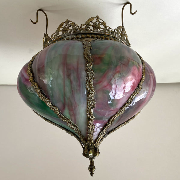 Small American Moorish Brass Mounted Bent Marbleized Glass Pendant Light