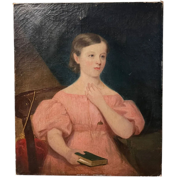 American School Folk Art Oil on Canvas Painting, Portrait of a Girl