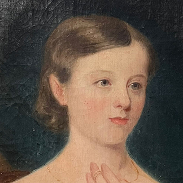 American School Folk Art Oil on Canvas Painting, Portrait of a Girl