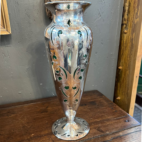 Large American Steuben Emerald Glass and Alvin Sterling Silver Deposit Ware Vase