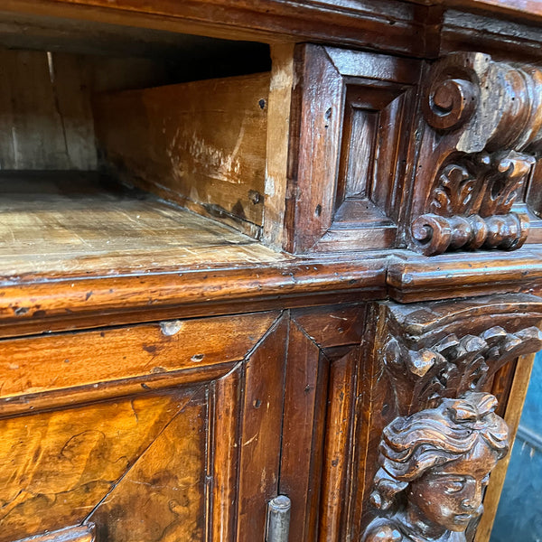 Large Italian Baroque Burled Veneer and Walnut Two-Part Cabinet