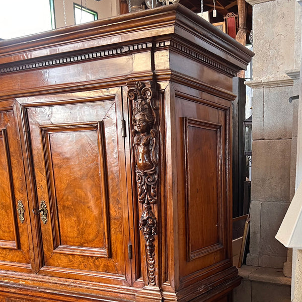 Large Italian Baroque Burled Veneer and Walnut Two-Part Cabinet