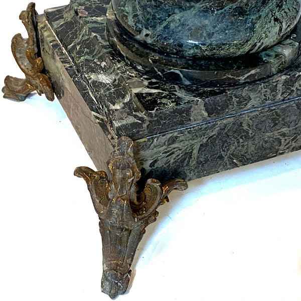 Pair Large French Spelter and Green Marble Five-Light Candelabra