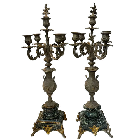 Pair Large French Spelter and Green Marble Five-Light Candelabra