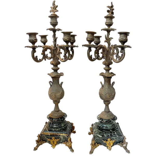 Pair Large French Spelter and Green Marble Five-Light Candelabra
