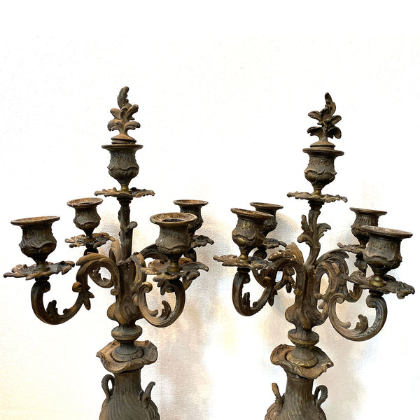 Pair Large French Spelter and Green Marble Five-Light Candelabra