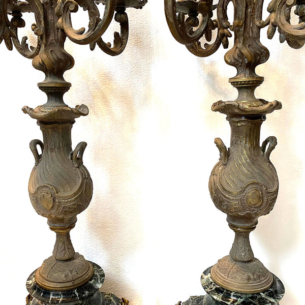 Pair Large French Spelter and Green Marble Five-Light Candelabra