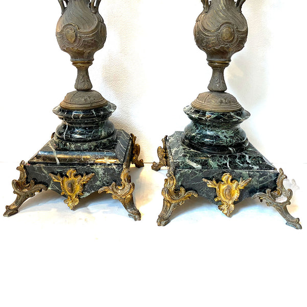 Pair Large French Spelter and Green Marble Five-Light Candelabra