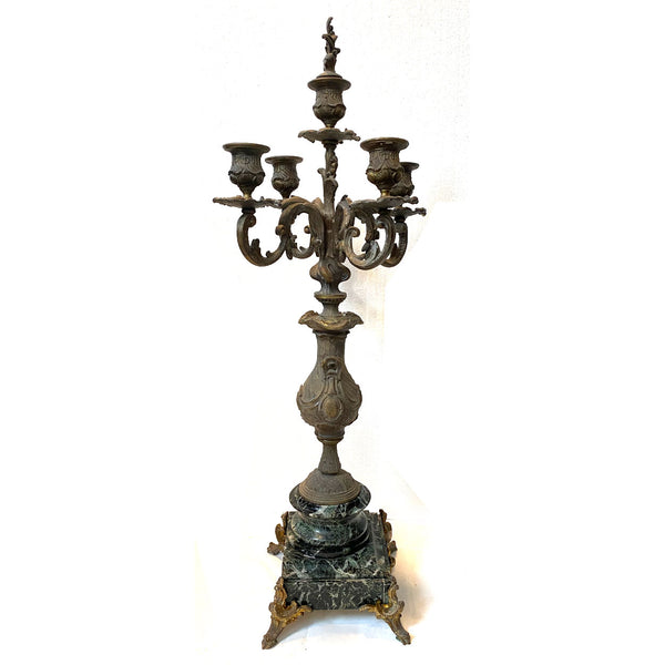 Pair Large French Spelter and Green Marble Five-Light Candelabra