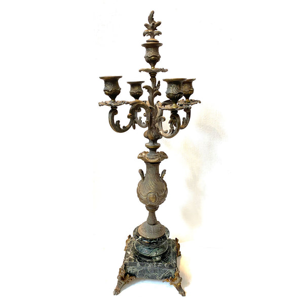 Pair Large French Spelter and Green Marble Five-Light Candelabra