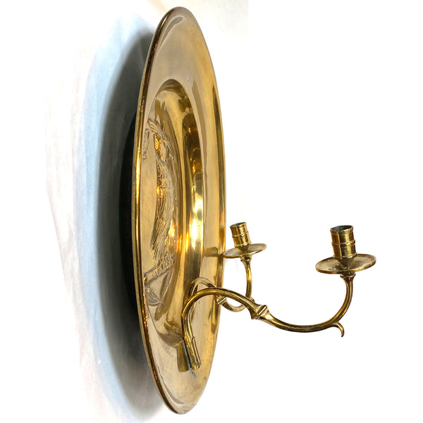 English Arts and Crafts Repoussé Brass Owl Two-Arm Candle Wall Sconce