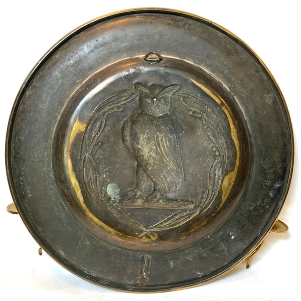 English Arts and Crafts Repoussé Brass Owl Two-Arm Candle Wall Sconce