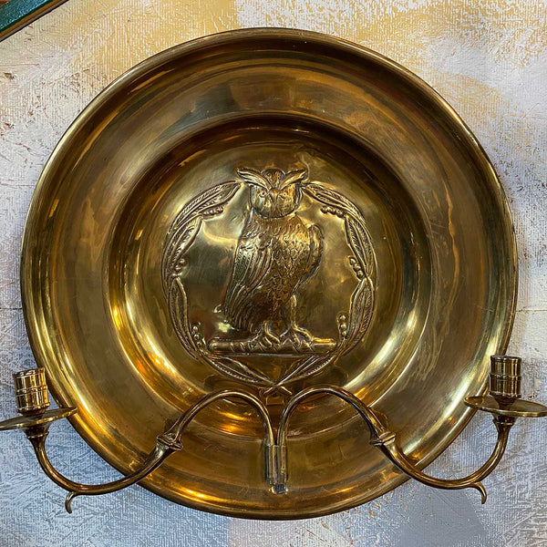 English Arts and Crafts Repoussé Brass Owl Two-Arm Candle Wall Sconce