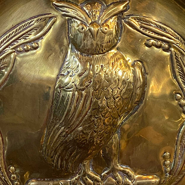 English Arts and Crafts Repoussé Brass Owl Two-Arm Candle Wall Sconce