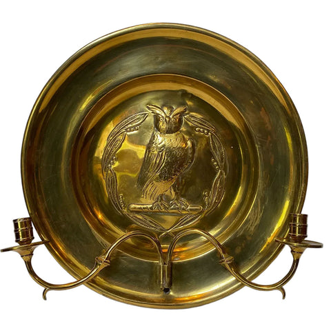 English Arts and Crafts Repoussé Brass Owl Two-Arm Wall Sconce