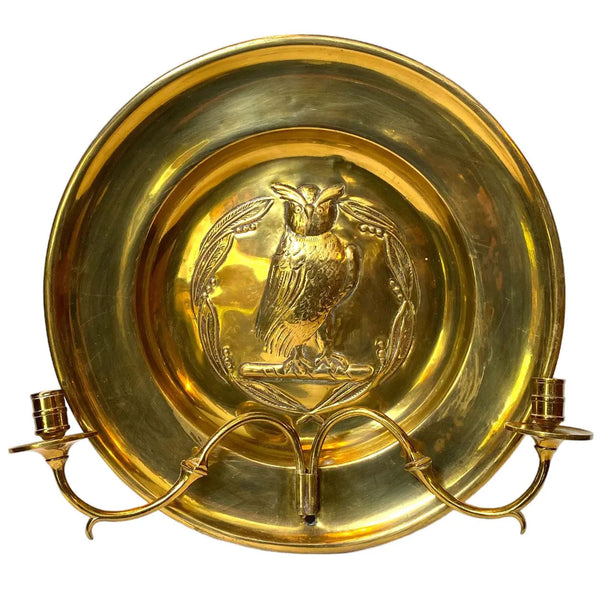 English Arts and Crafts Repoussé Brass Owl Two-Arm Candle Wall Sconce